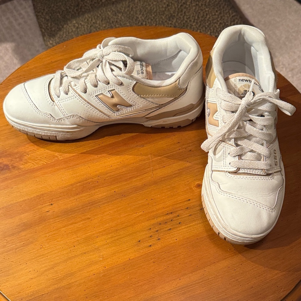 New Balance White and Tan 550 Sneakers